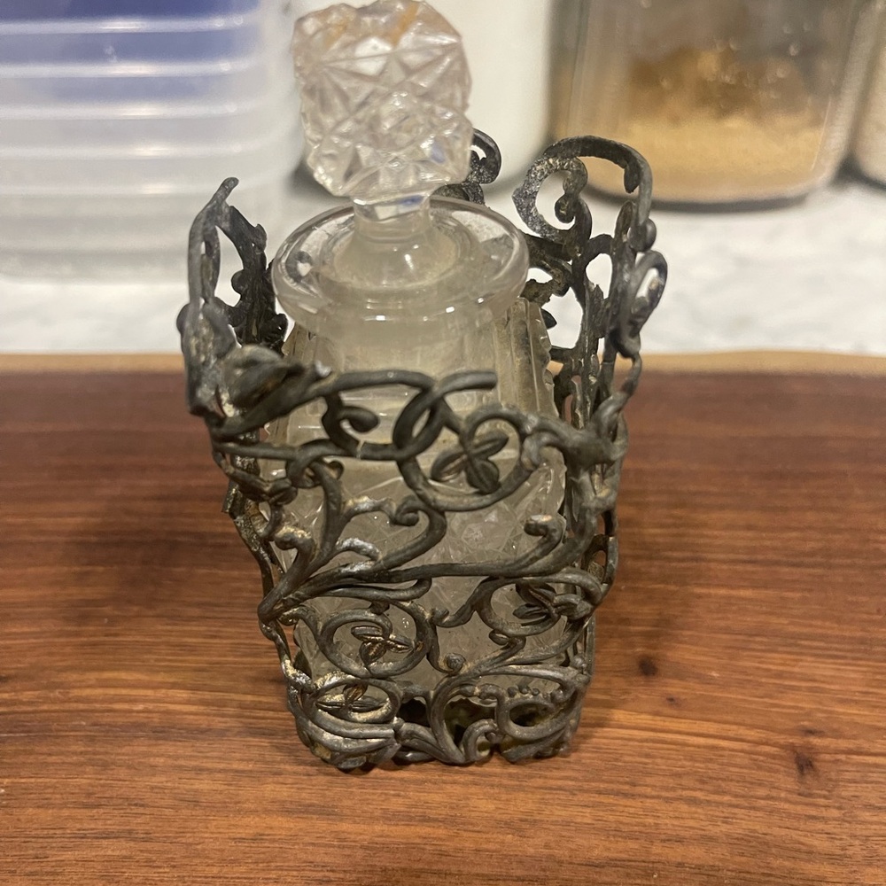 Ornate Glass Perfume Bottle with Metal Holder